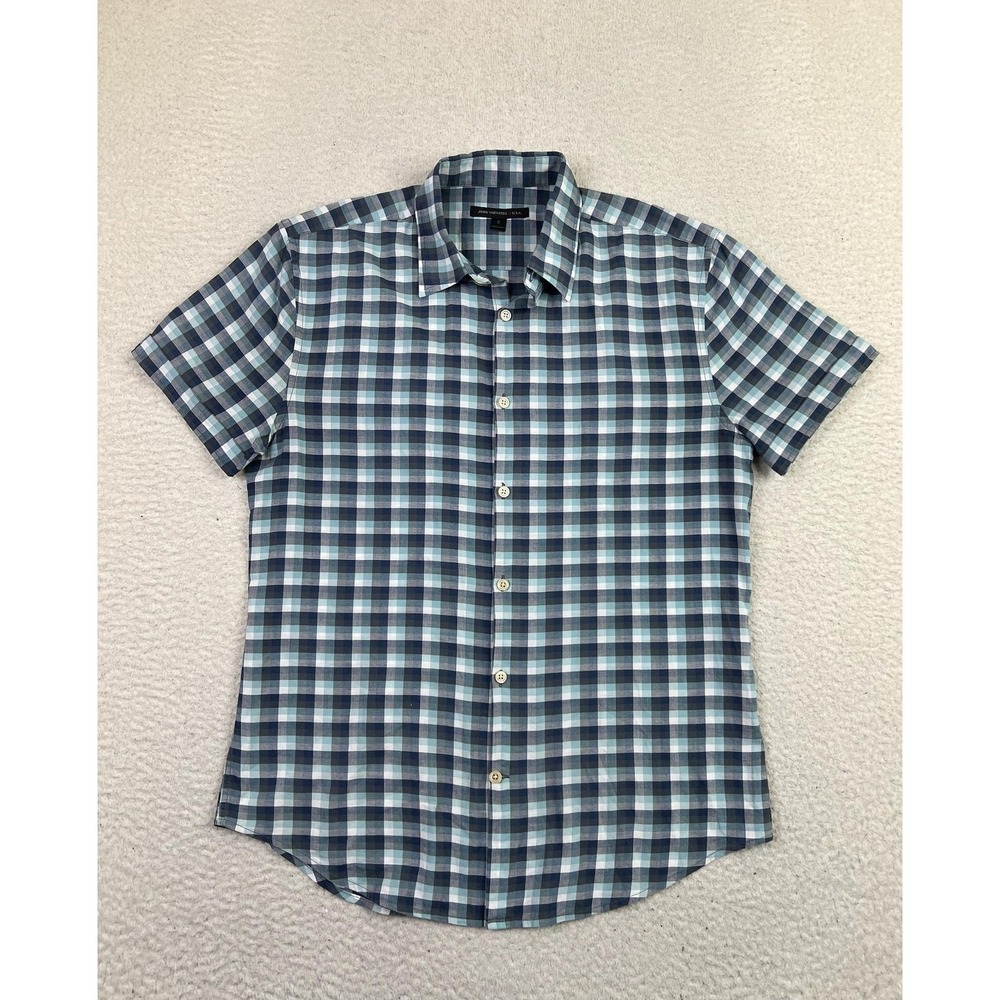 John Varvatos Shirt Mens Small Blue Gray Plaid Short Sleeve Button Down Casual